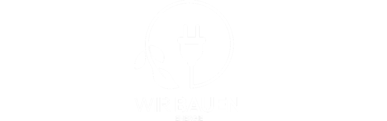 Logo von "Wir Bauen Energie" mit einem Stecker und einem Blatt, symbolisiert nachhaltige Energieerzeugung und Umweltbewusstsein.